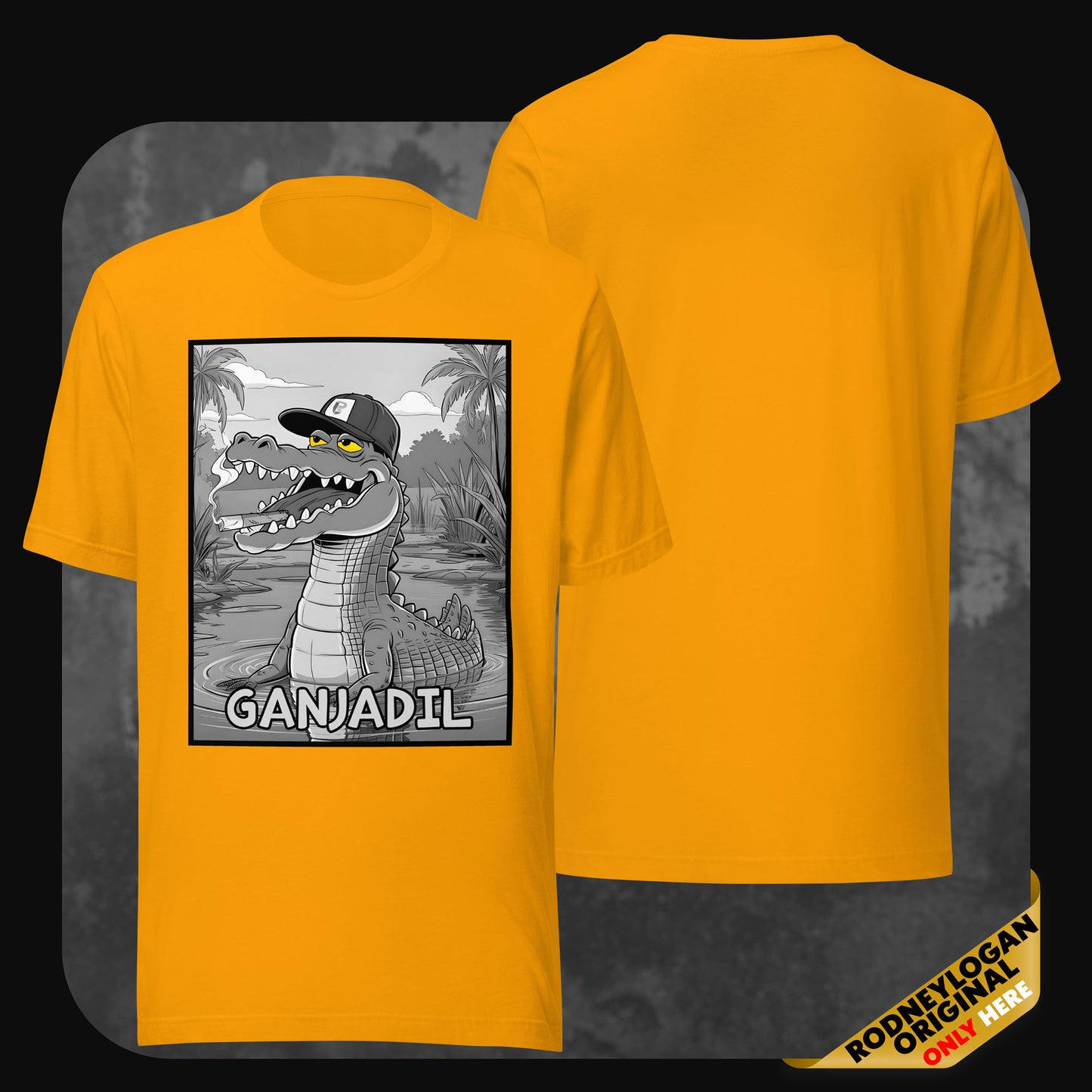 Yellow GANJADIL T-shirt from RodneyLogan with bold cartoon alligator design printed on the front.