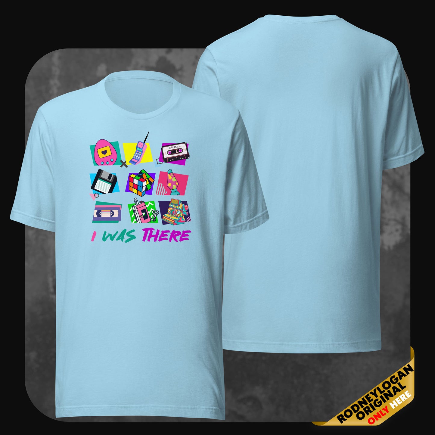 Sky-blue t-shirt with a front graphic of vintage technology and pop culture items in bright neon colors, captioned with “I WAS THERE”.