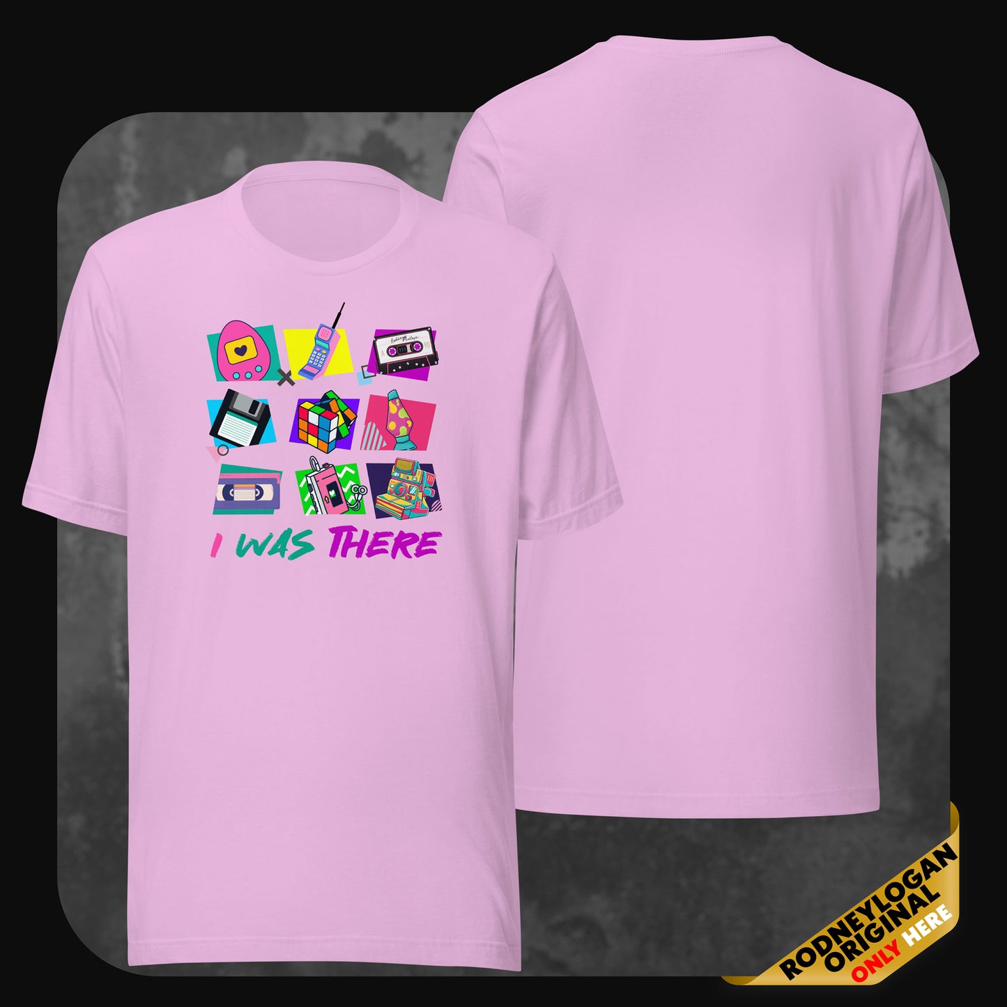 Soft pink t-shirt printed with a grid of colorful retro gadgets and the phrase “I WAS THERE” in neon teal and violet.