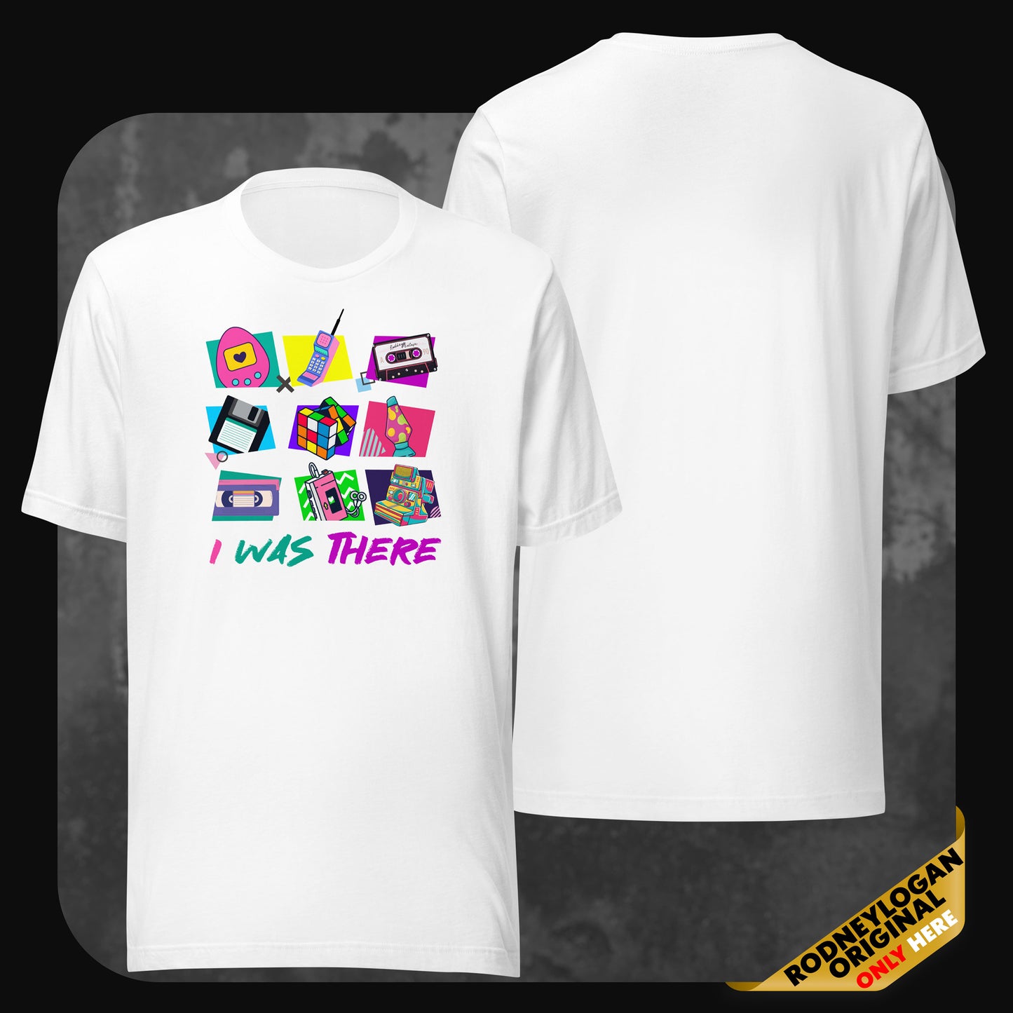 White t-shirt featuring colorful retro icons like a pager, floppy disk, Rubik’s cube, cassette tape, and VHS, with the text “I WAS THERE” in a bold ’90s-style font.