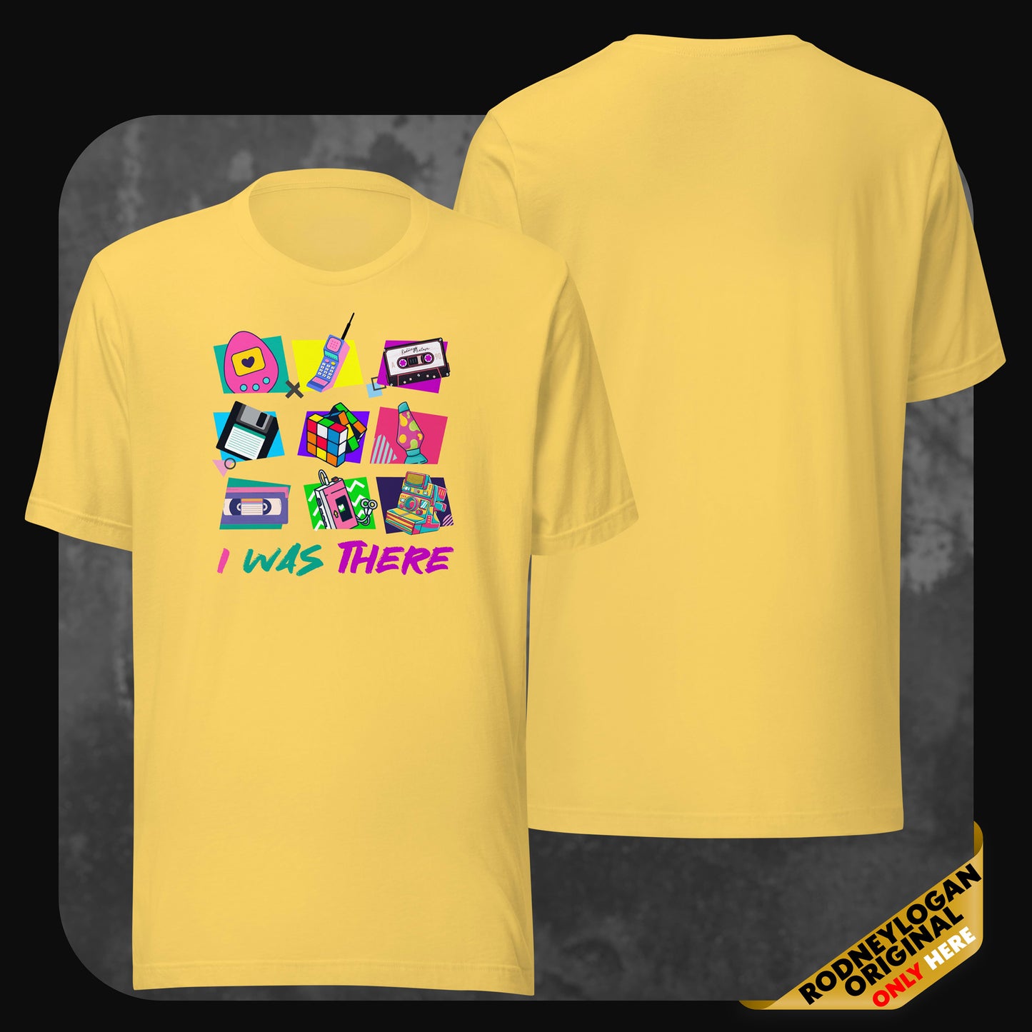 Bright yellow t-shirt displaying nostalgic icons from the ’80s and ’90s like joysticks, cassette tapes, and boom boxes, with “I WAS THERE” in green and purple lettering.