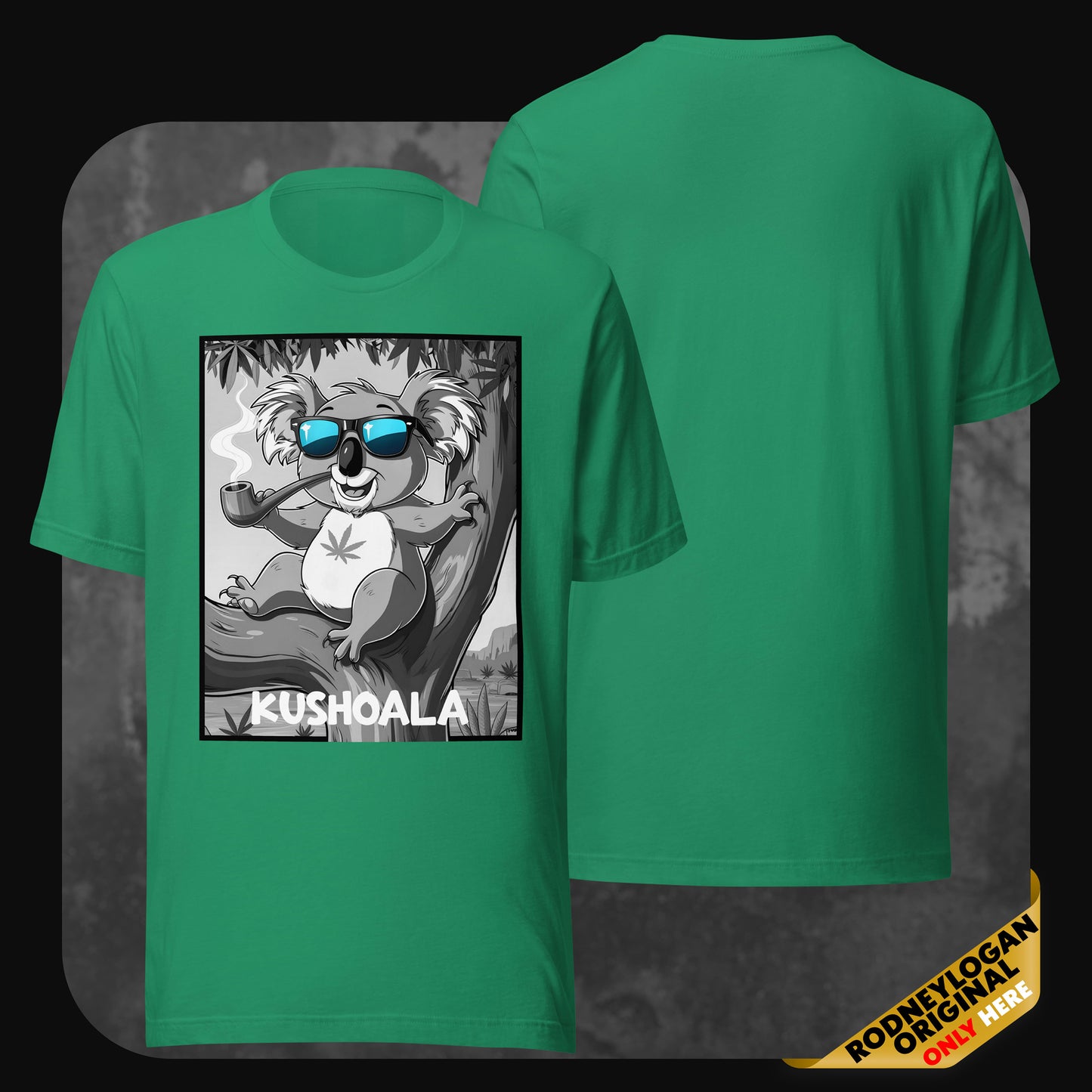 Cartoon-style koala wearing sunglasses and smoking a pipe, printed on a green unisex T-shirt – Kushoala design by RodneyLogan.
