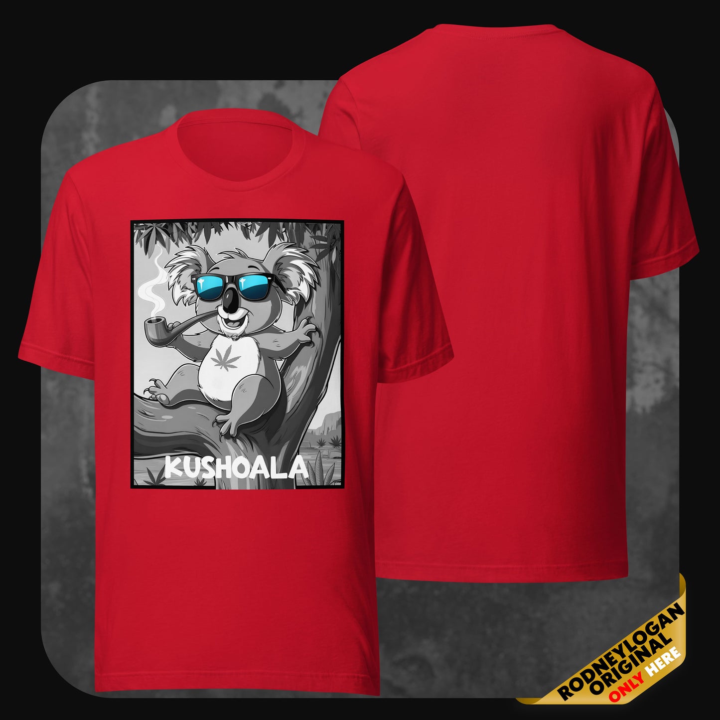 Bold red T-shirt featuring a cartoon koala smoking from a pipe, sitting in a tree – Kushoala design from RodneyLogan.