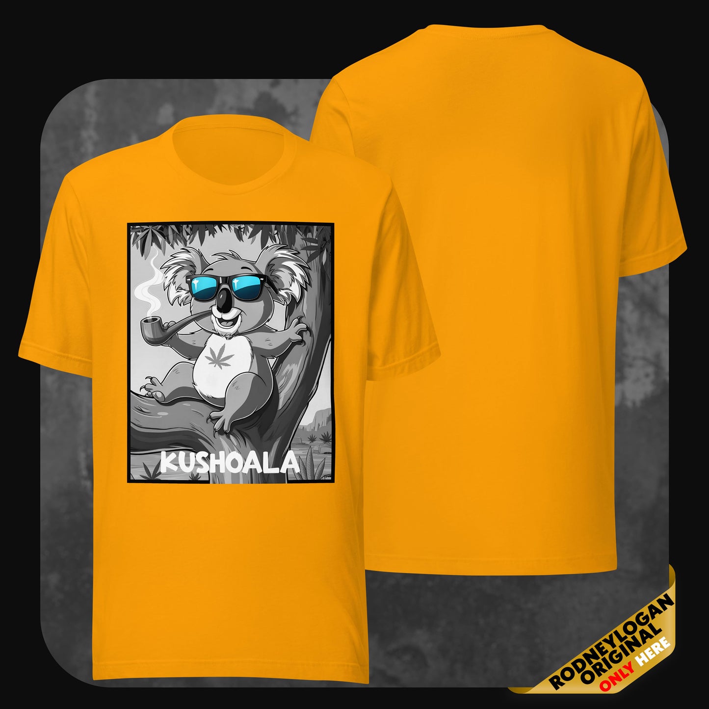 Bright yellow T-shirt with humorous smoking koala cartoon – Kushoala print from RodneyLogan apparel collection.