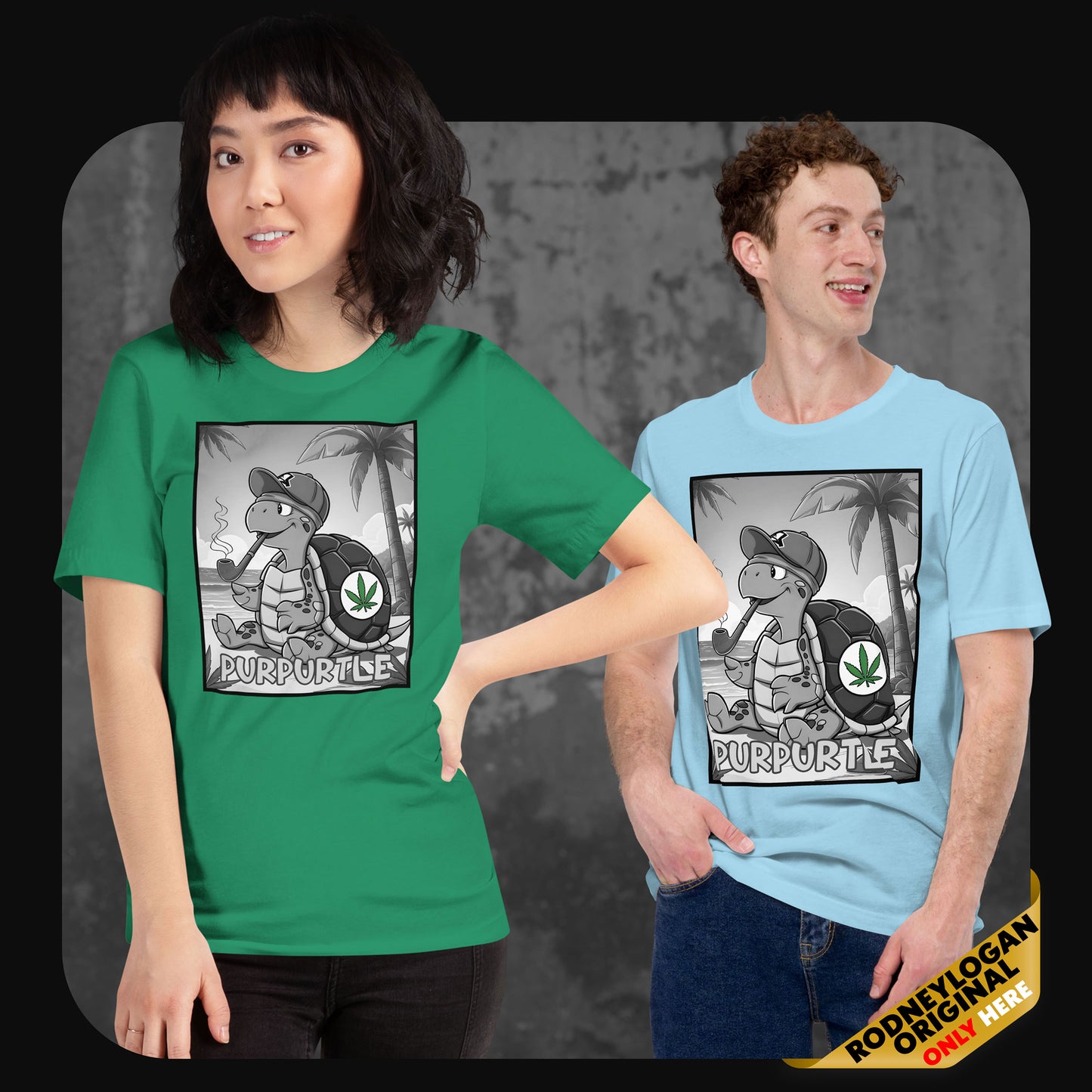 Model wearing green and ocean blue t-shirts with chill turtle character "Purpurtle" smoking, cartoon print by RodneyLogan.