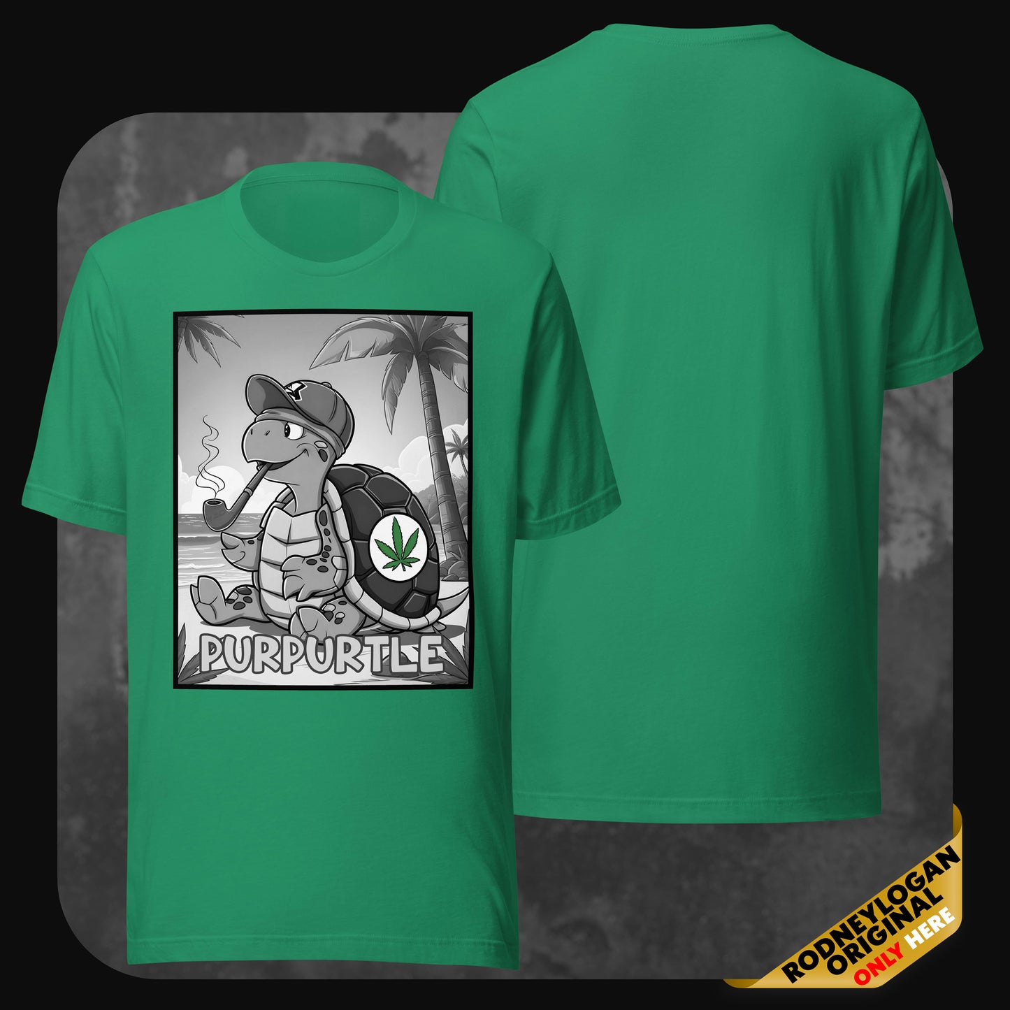 Green unisex t-shirt featuring cartoon turtle character "Purpurtle" smoking on a tropical beach, designed by RodneyLogan.