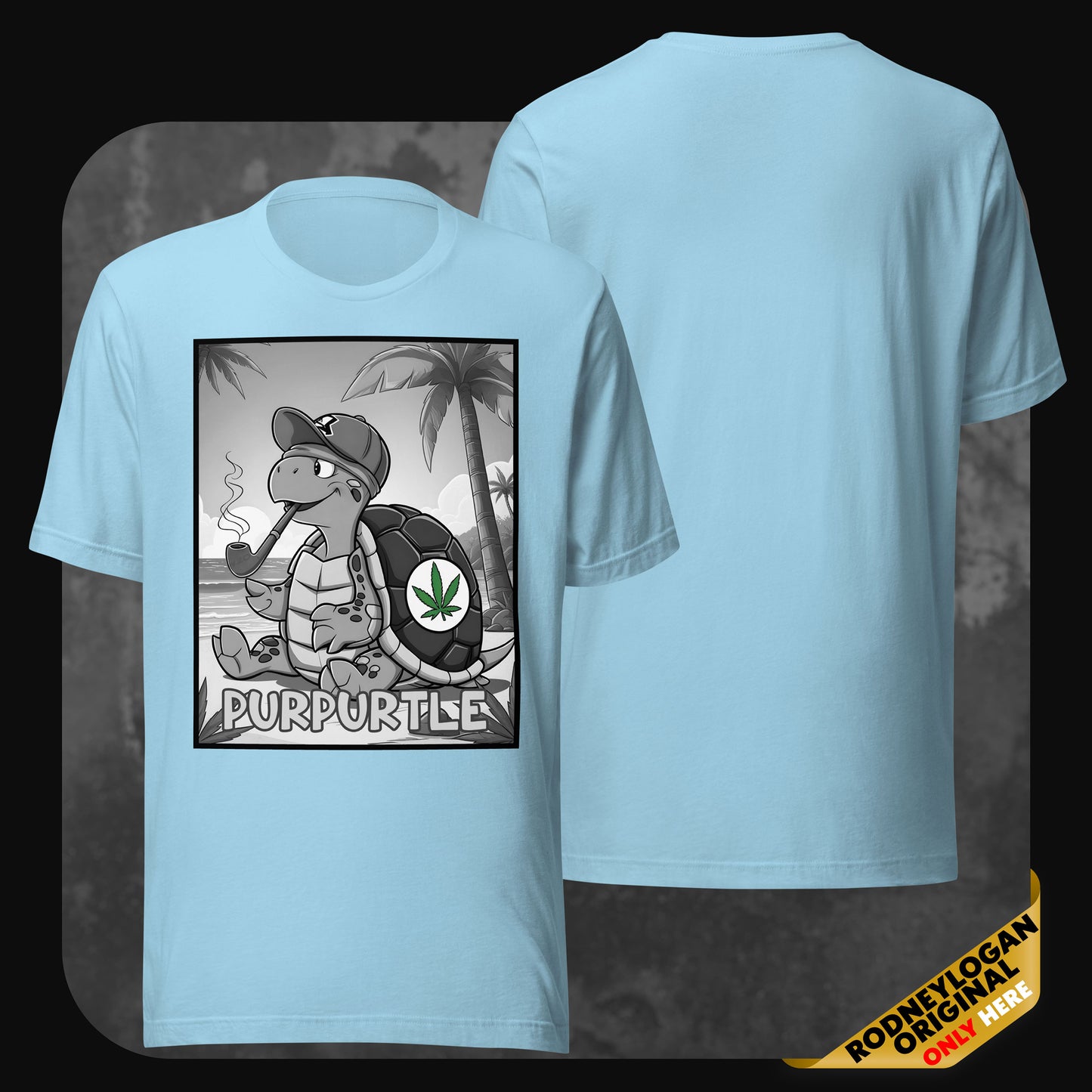 Ocean blue t-shirt with laid-back turtle character "Purpurtle" smoking a pipe on the beach, printed in grayscale with green cannabis detail.