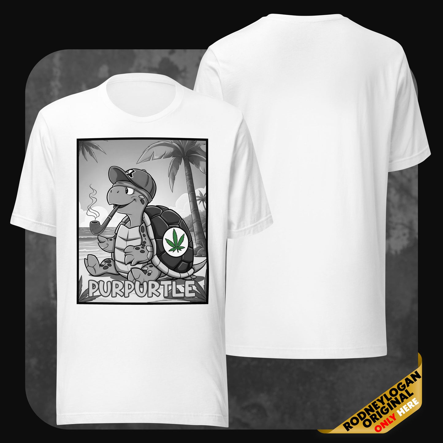 White unisex tee showcasing "Purpurtle" cartoon turtle smoking on a sunny beach, part of RodneyLogan’s Australia series.