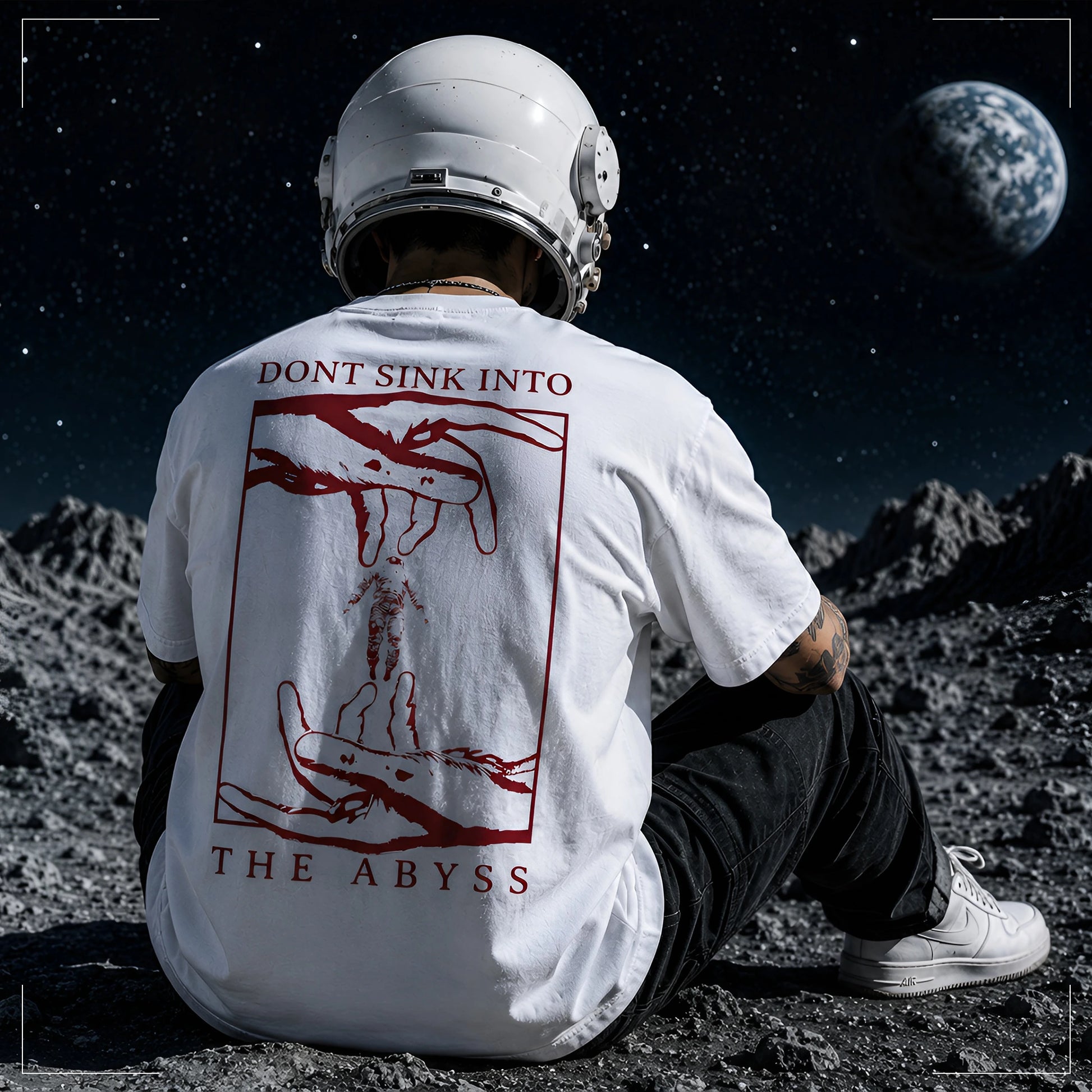 Rodney Logan ABYSS weißes Oversized Streetwear-T-Shirt mit rotem "Don't Sink Into The Abyss"-Backprint, getragen von einem sitzenden Model mit Astronautenhelm.