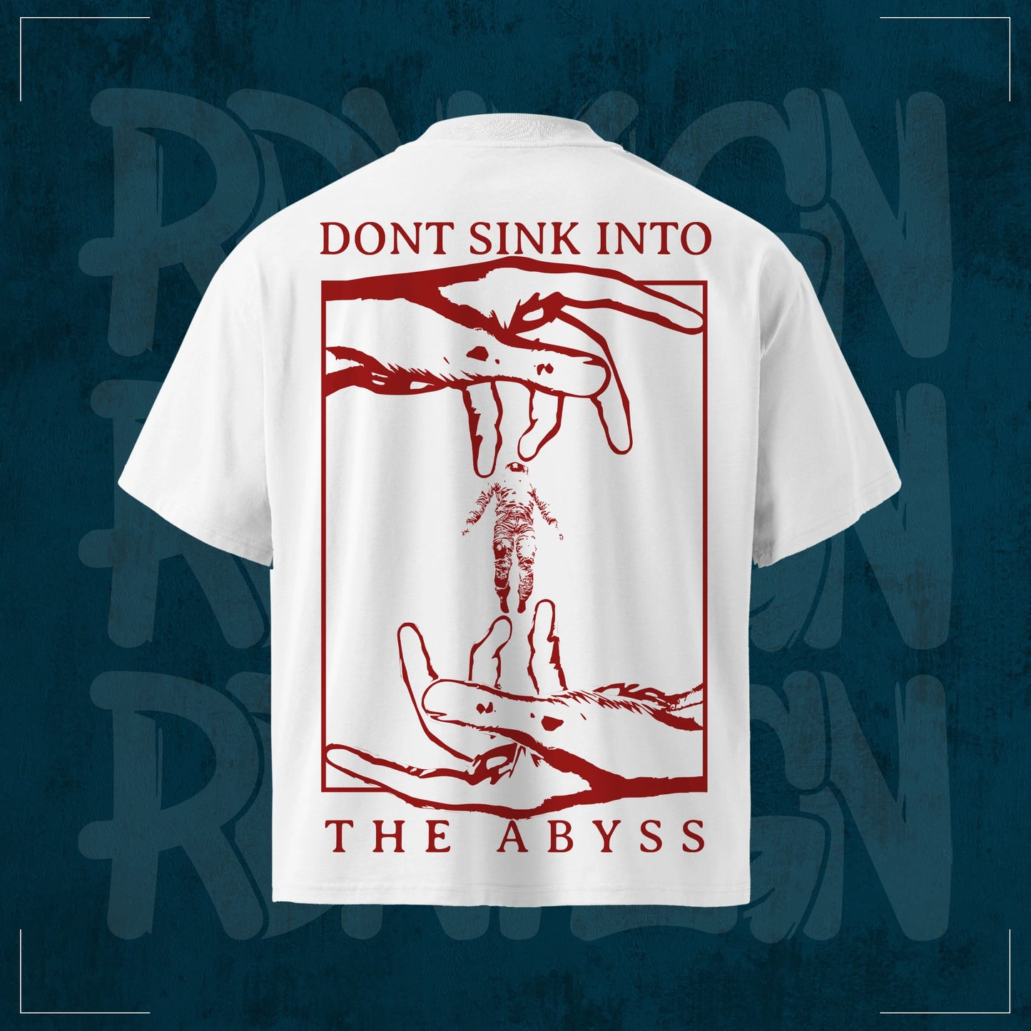 Weißes RodneyLogan Oversized T-Shirt „The Abyss“ mit großem Rückenprint aus Händen und schwebender Figur – hochwertiges Streetwear-Design aus 100 % Baumwolle.