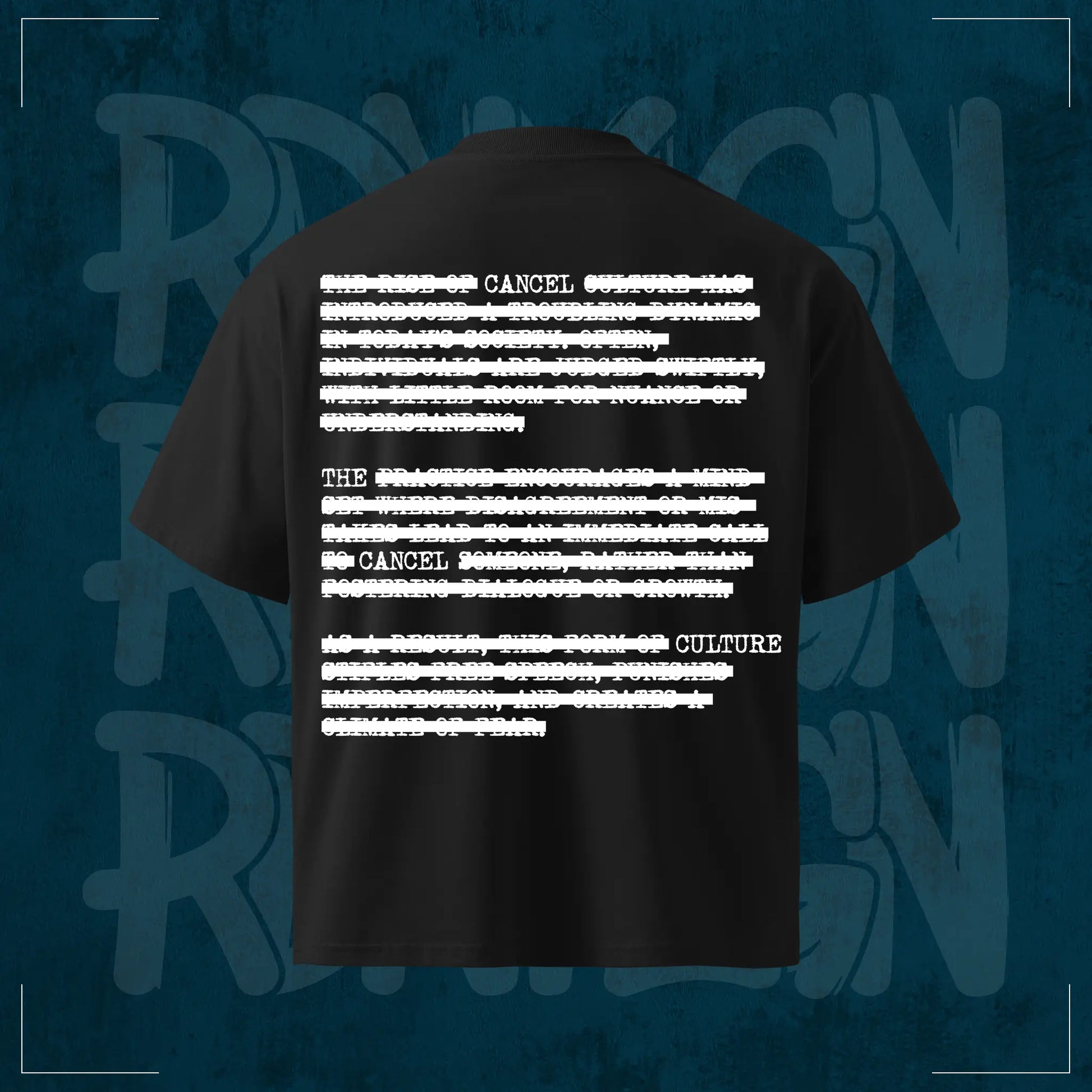 Schwarzes RodneyLogan Oversized T-Shirt „Cancel Culture“ mit großem typografischen Rückenprint im Distressed-Look – hochwertiges Streetwear-Design aus 100 % Baumwolle.