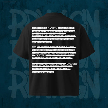 Schwarzes RodneyLogan Oversized T-Shirt „Cancel Culture“ mit großem typografischen Rückenprint im Distressed-Look – hochwertiges Streetwear-Design aus 100 % Baumwolle.