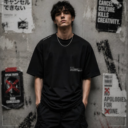 Rodney Logan CANCEL CULTURE schwarzes Oversized Streetwear-T-Shirt in Oversized-Fit mit minimalistischem weißen Textprint auf der Vorderseite.