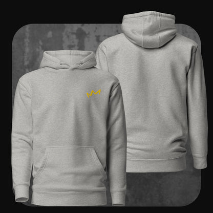 Hellgrauer Hoodie mit kleiner gelber Krone links auf der Brust. Rückseite unbedruckt.
