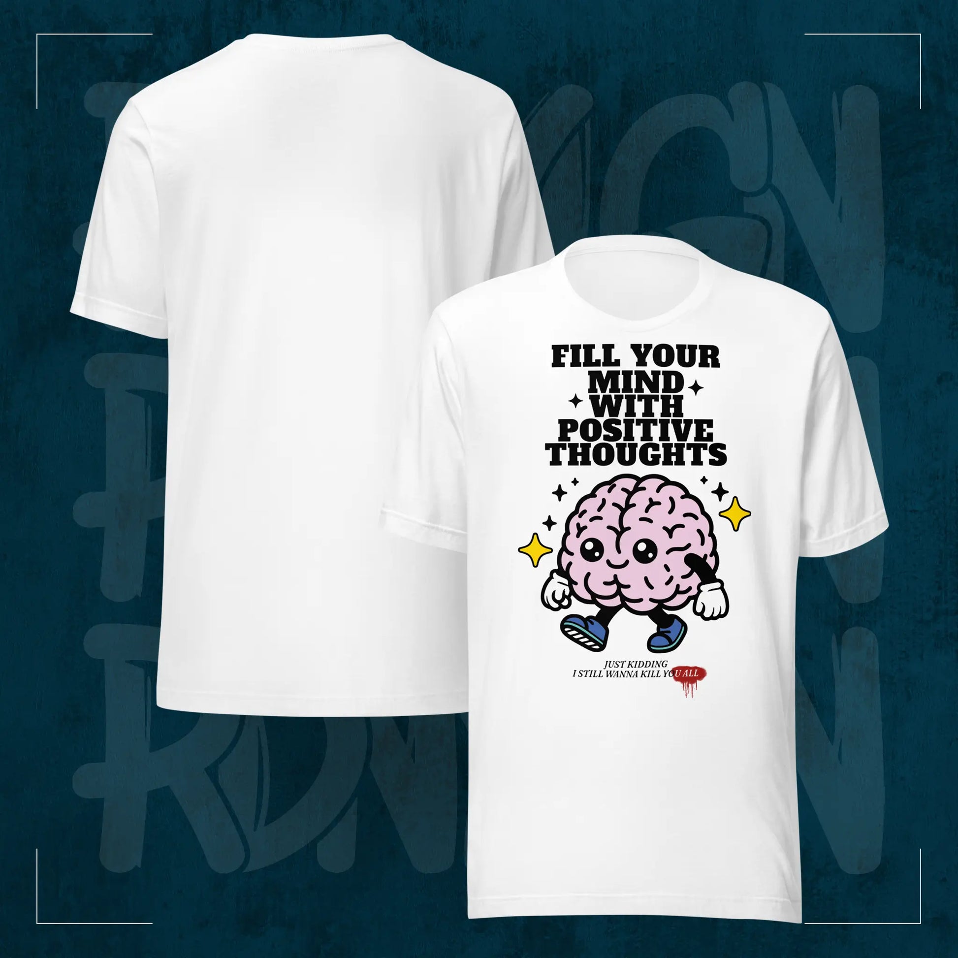 Weißes RodneyLogan Regular T-Shirt mit Frontprint und schlichter Rückseite im Produktvergleich auf dunkelblauem Hintergrund.
