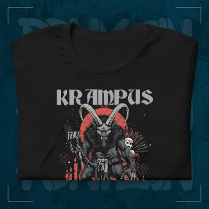 Schwarzes RodneyLogan Regular T-Shirt mit Krampus-Motiv als Detailaufnahme auf dunkelblauem Hintergrund.