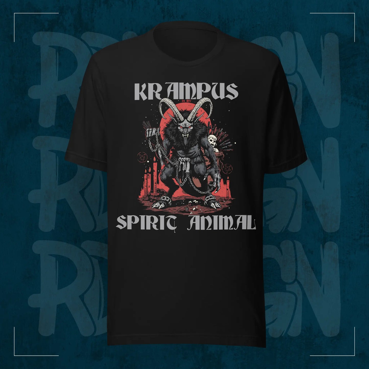 Schwarzes RodneyLogan Regular T-Shirt mit großem Krampus-Frontmotiv und Schriftzug „Spirit Animal“ auf dunkelblauem Hintergrund.
