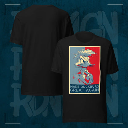 Schwarzes RodneyLogan Regular T-Shirt mit „Make Duckburg Great Again“-Frontprint und schlichter Rückseite im Produktvergleich.