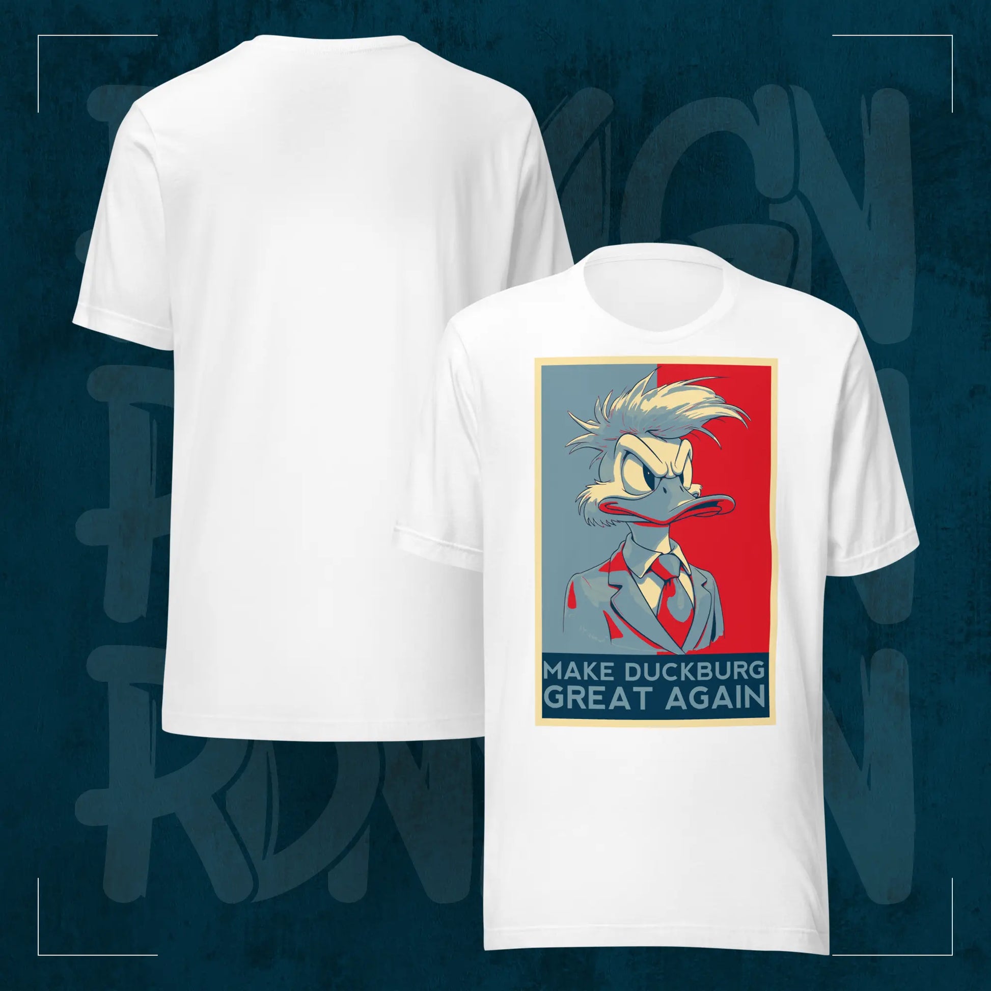 Weißes RodneyLogan Regular T-Shirt mit „Make Duckburg Great Again“-Frontprint und schlichter Rückseite im Produktvergleich.