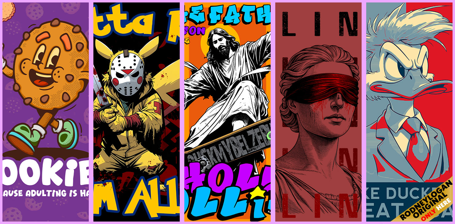 Collage aus fünf bunten Illustrationen im Comic- und Pop-Art-Stil. Von links nach rechts: ein lachender Keks-Charakter mit Turnschuhen, eine maskierte Figur mit blutigen Macheten, eine Jesusfigur im Superhelden-Look, ein Porträt einer Person mit blutroter Augenbinde und eine ernste Ente im Anzug vor zweifarbigem Hintergrund.
