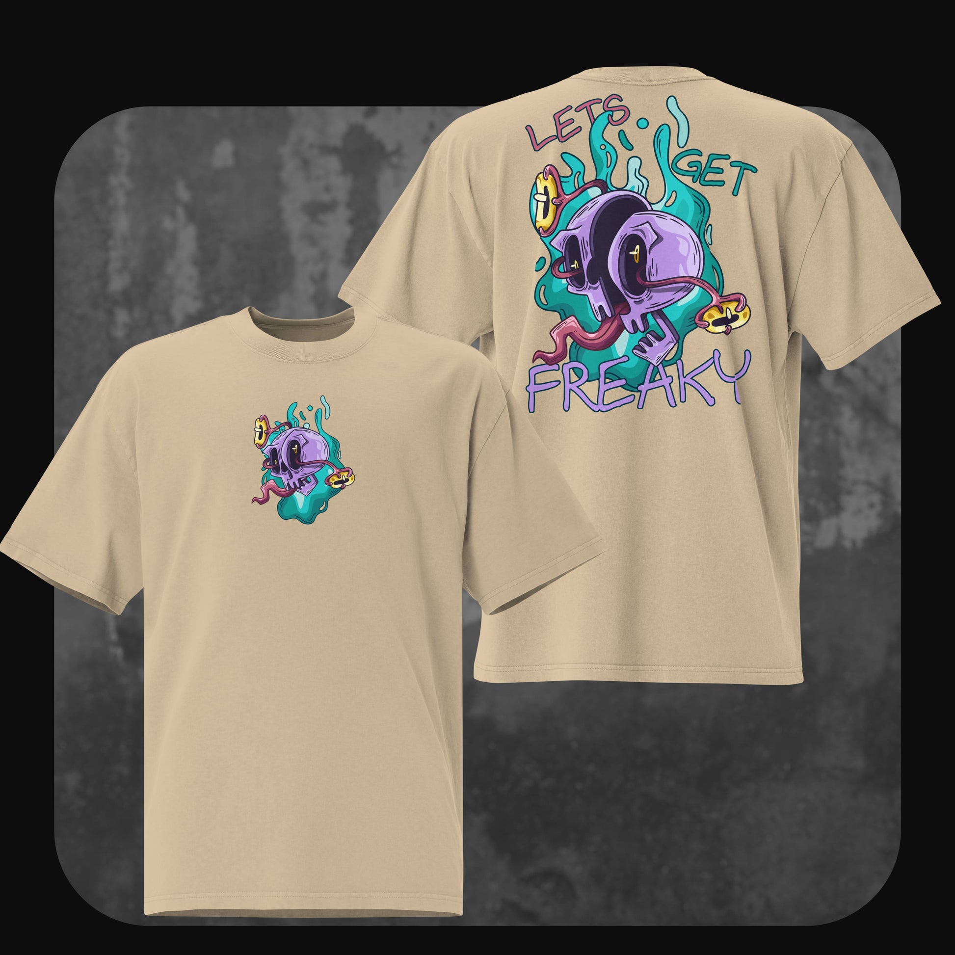 Oversized T-Shirt Freaky in Faded Khaki mit farbigem Doppelschädel-Design und „Let’s Get Freaky“-Backprint