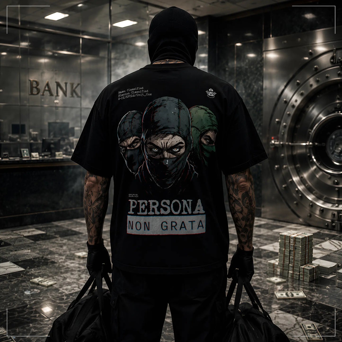 Rückansicht des Rodney Logan PERSONA NON GRATA schwarzen Oversized T-Shirts mit großem Grafikprint und Schriftzug "Persona Non Grata".