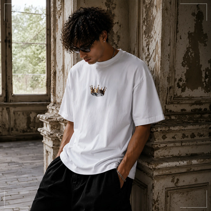 Rodney Logan ROYAL TRAGEDY weißes Oversized Streetwear-T-Shirt mit kleinem Kronen-Brustlogo auf der Vorderseite, getragen in urbanem Vintage-Setting.