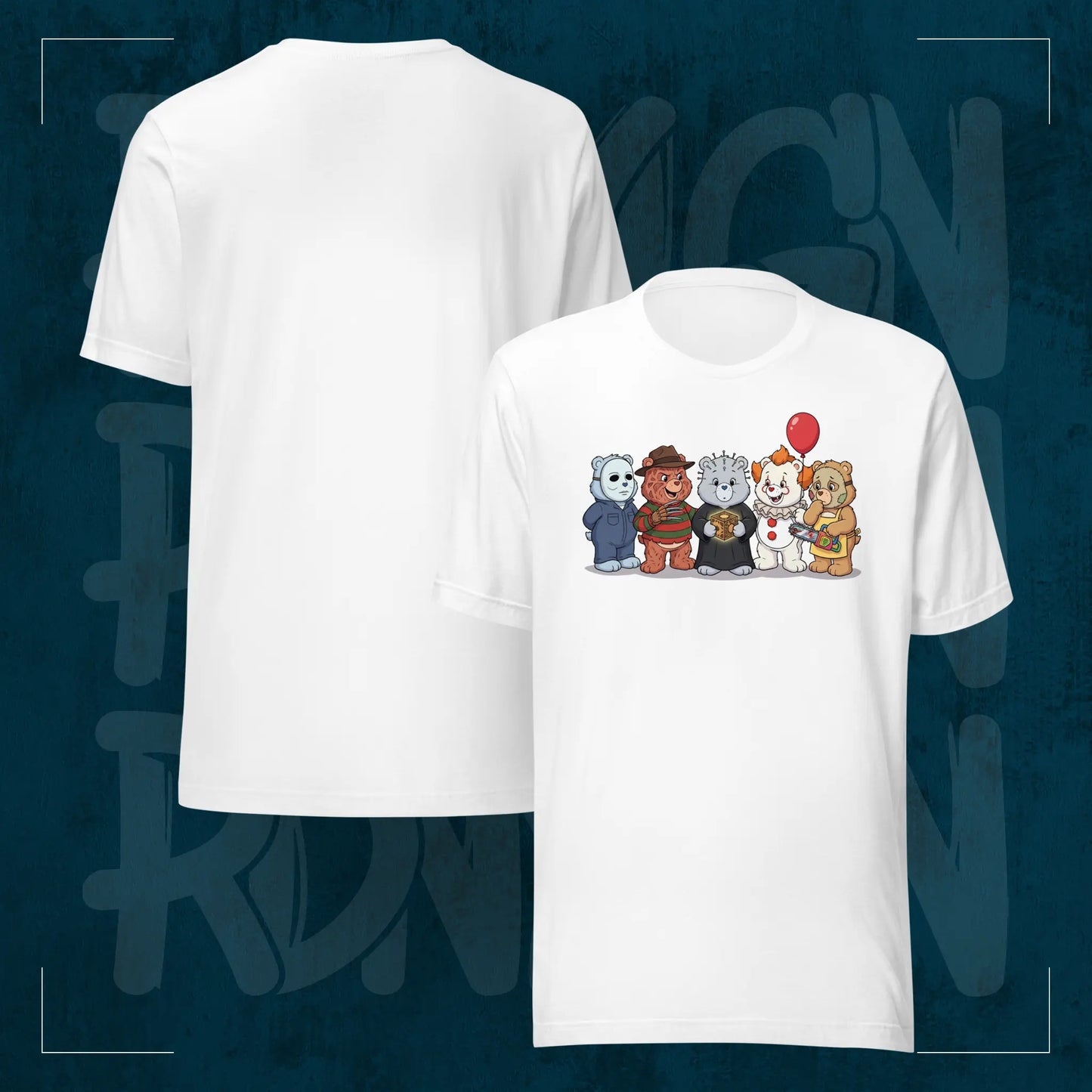 Weißes RodneyLogan Regular T-Shirt mit „Scare Bears“-Frontprint und schlichter Rückseite im Produktvergleich.