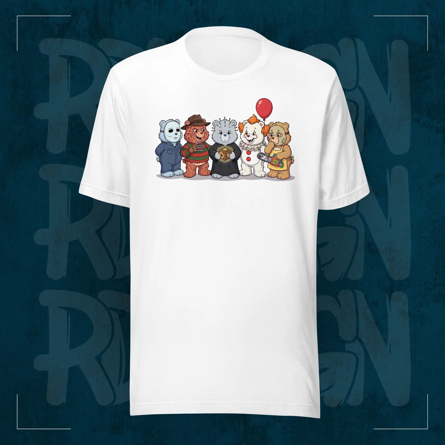 Weißes RodneyLogan Regular T-Shirt mit kleinem „Scare Bears“-Frontmotiv auf dunkelblauem Hintergrund.
