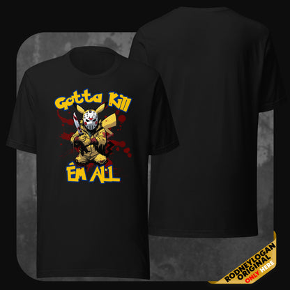 Schwarzes T-Shirt mit auffälligem Horror-Comicdesign: Pikachu im Jason-Stil mit blutigem Messer und gelb-blauem Schriftzug ‚Gotta Kill ’Em All‘