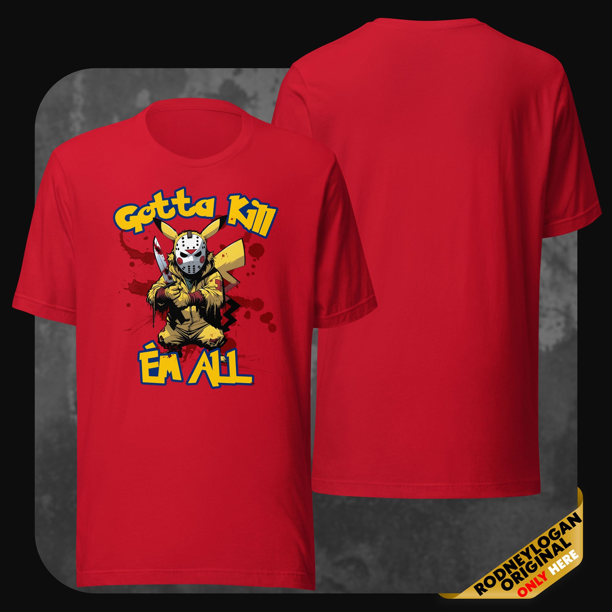 Rotes T-Shirt mit blutigem Pikachu-Design im Jason-Look – Horrorgrafik mit Text ‚Gotta Kill ’Em All‘