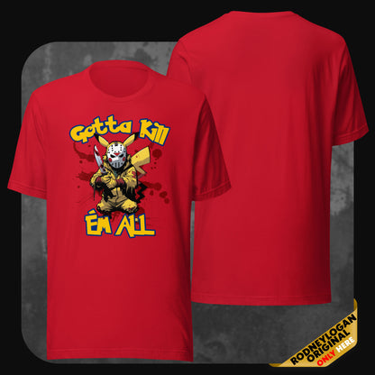Rotes T-Shirt mit blutigem Pikachu-Design im Jason-Look – Horrorgrafik mit Text ‚Gotta Kill ’Em All‘