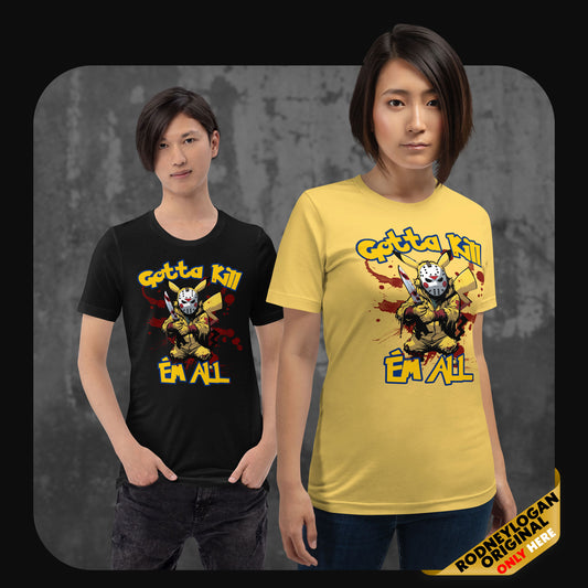 Modelle mit schwarzem und gelbem T-Shirt im Horror-Comicstil: Pikachu mit Maske, Messer und ‚Gotta Kill ’Em All‘ Aufdruck.