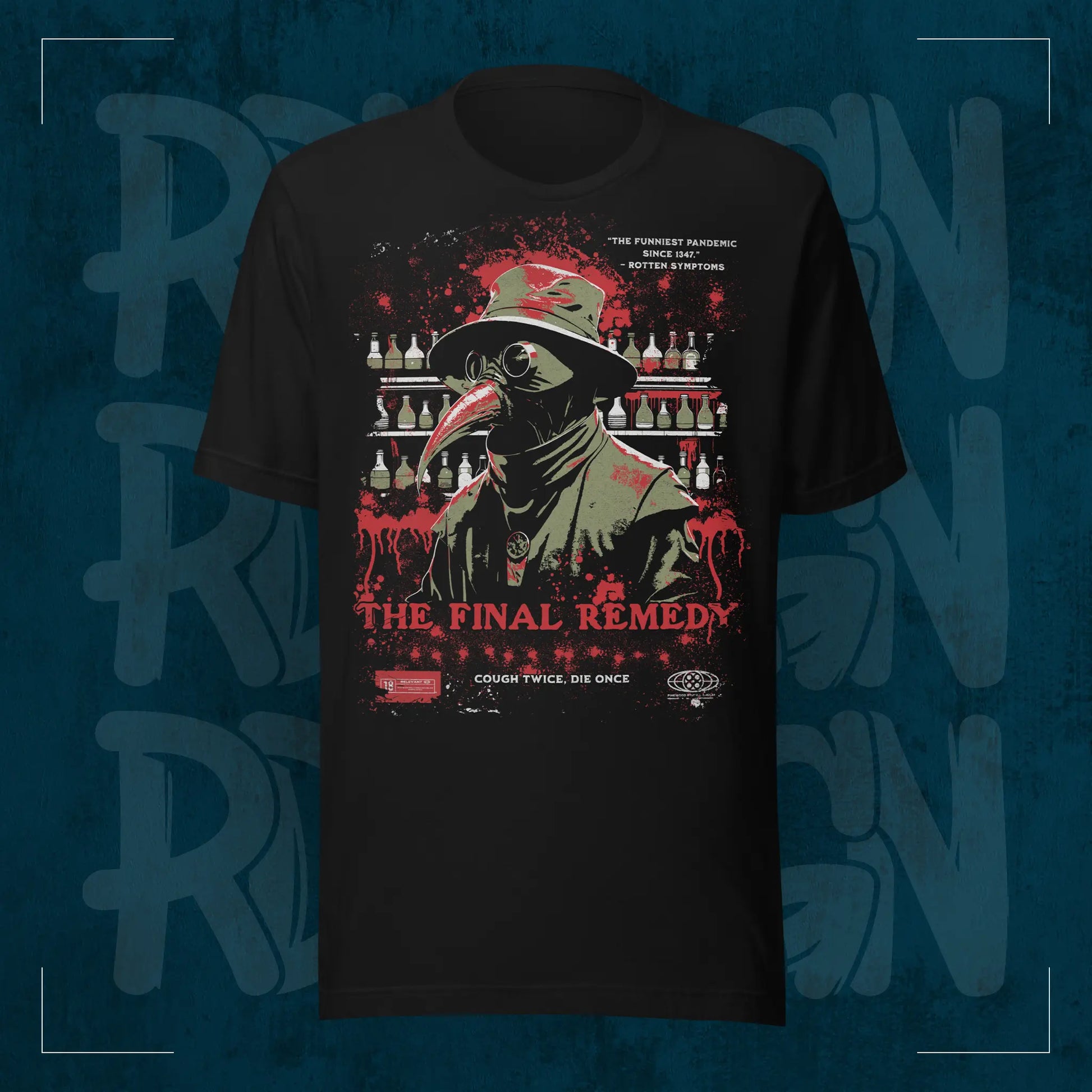 Schwarzes RodneyLogan Regular T-Shirt mit großem „The Final Remedy“-Frontprint und Pestdoktor-Grafik auf dunkelblauem Hintergrund.