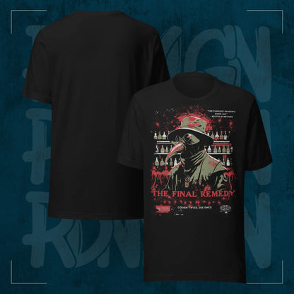 Schwarzes RodneyLogan Regular T-Shirt mit „The Final Remedy“-Frontmotiv und schlichter Rückseite im Produktvergleich auf dunkelblauem Hintergrund.