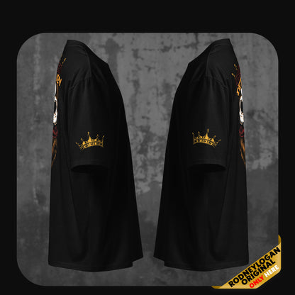 Side view of two black oversized t-shirts facing each other, both featuring a gold crown graphic on the sleeves as part of the ‘Crowned Rebellion’ design by RodneyLogan.