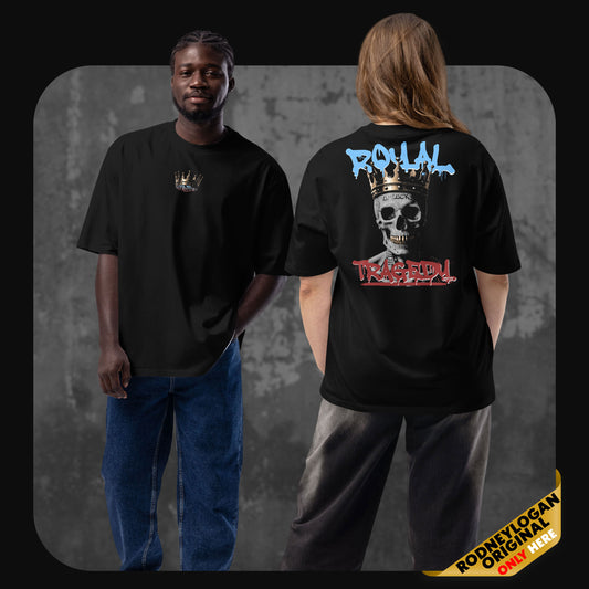 Two models wearing black oversized “Royal Tragedy” t-shirts. One model is facing forward, showing the small crown logo on the front, while the other model is turned to show the large skull and crown graphic with blue and red graffiti-style text on the back.