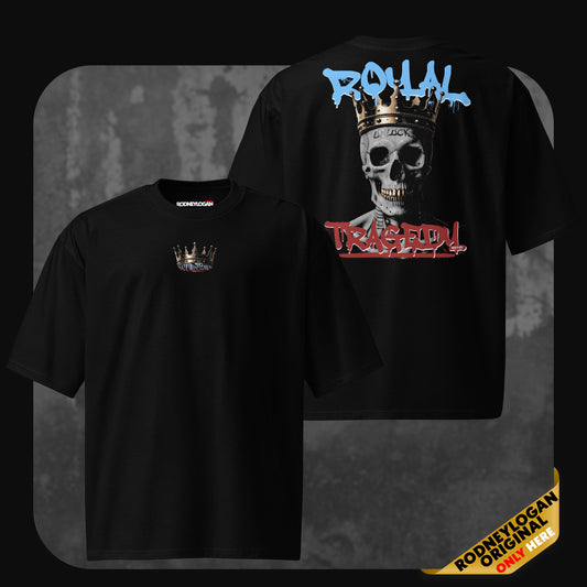 Front and back view of a black oversized t-shirt. The front displays a small crown graphic with the text “ROYAL TRAGEDY.” The back features a large print of a skull wearing a gold crown with graffiti-style blue “ROYAL” and red “TRAGEDY” text.