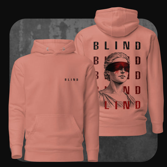 Dusty rose hoodie with bold black 'BLIND' lettering and striking graphic of blindfolded statue with red blindfold and text layout