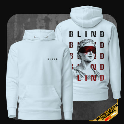 Front and back view of light blue hoodie featuring 'BLIND' typography and blindfolded classical statue with red details