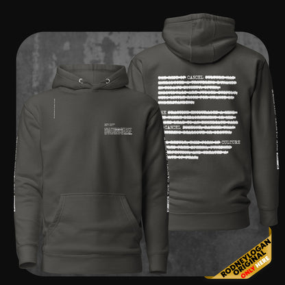 Vintage black hoodie with minimal front text and a bold visual of censored text on the back; sleeve features a vertical statement graphic.