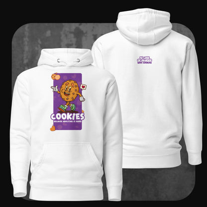 A clean white hoodie with a fun cartoon cookie on the front and the phrase “Cookies because adulting is hard.” The back displays “In case of hunger, give cookies” in a whimsical purple font.