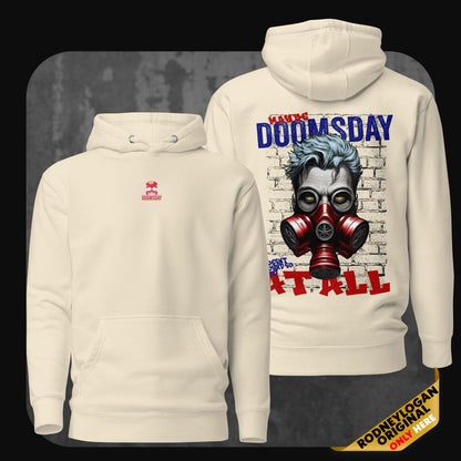 Bone-colored hoodie with a red skull and ‘Doomsday’ text on the front. The back has a vivid street-art-inspired design with a man in a red gas mask and bold statement graffiti across a brick wall.