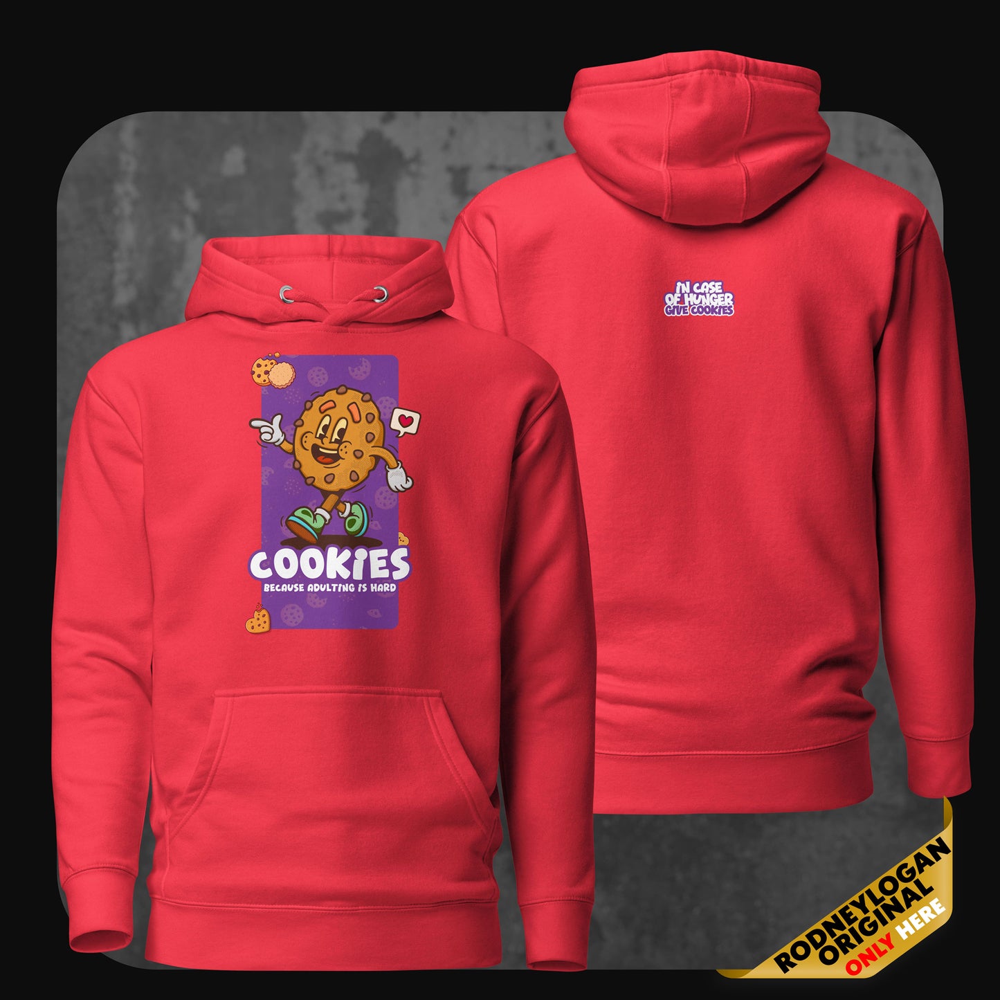 Front and back view of a red hoodie with a cute stitched plush character and the phrase “I am the darkness” on the front, and “Fear Me!” in white bubble letters on the back.