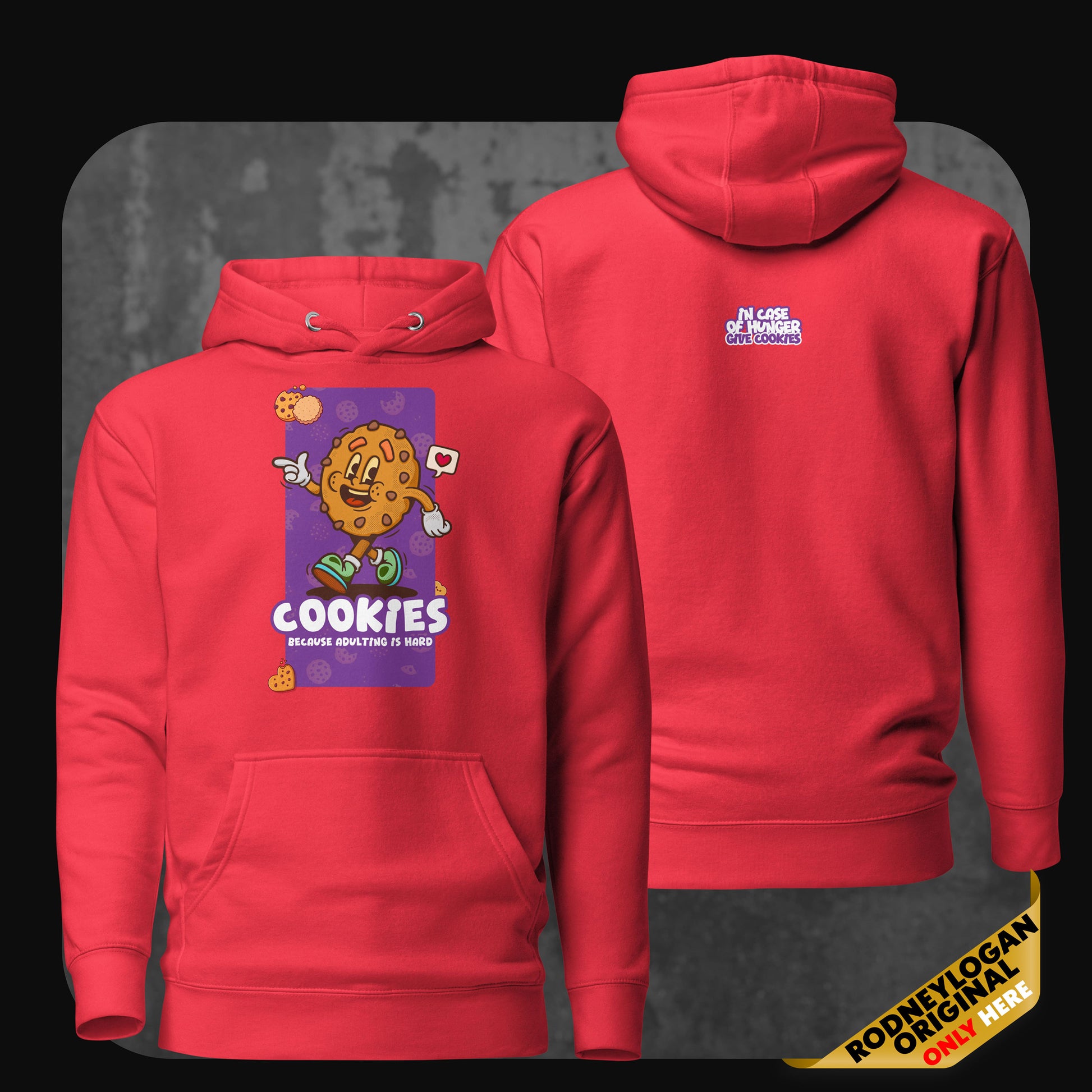 Front and back view of a red hoodie with a cute stitched plush character and the phrase “I am the darkness” on the front, and “Fear Me!” in white bubble letters on the back.