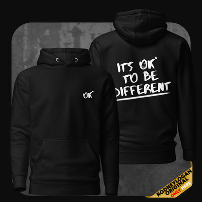 Product photo of a black hoodie showing “OK*” on the chest and “IT’S OK TO BE DIFFERENT” across the back in white lettering.