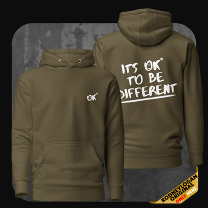 Product photo of an olive green hoodie with same minimal front logo and bold white back text message.