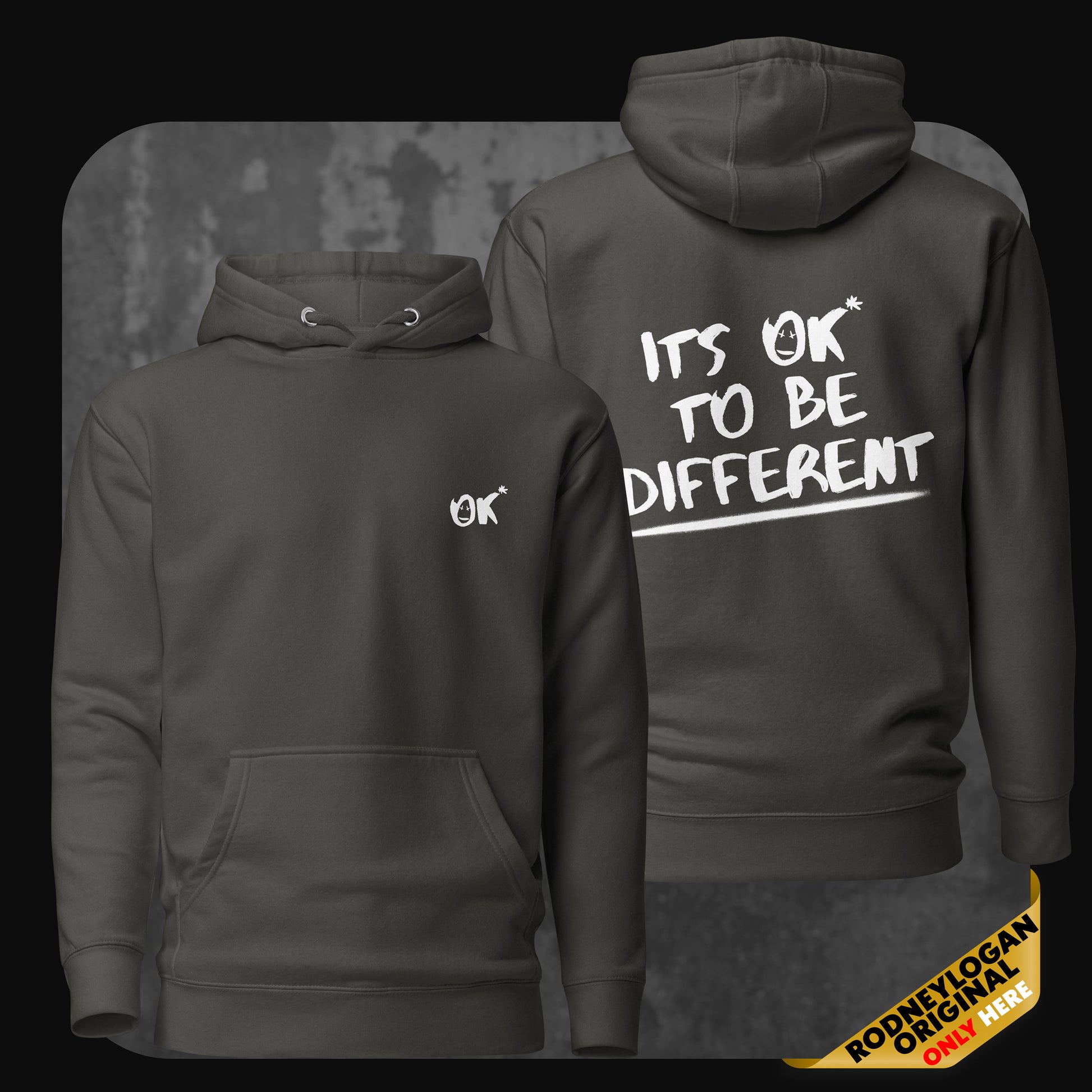Product photo of a vintage black hoodie with “OK*” logo on front and bold “IT’S OK TO BE DIFFERENT” print on the back.
