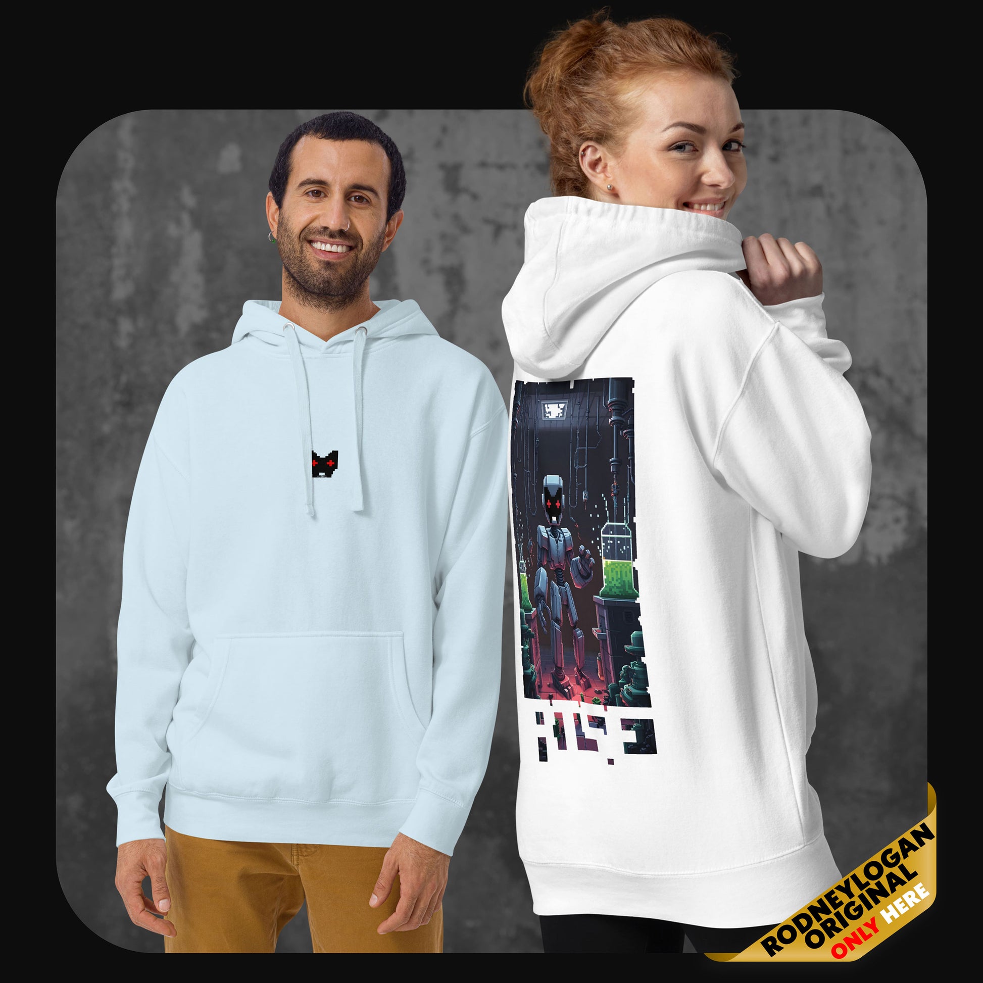 Two models wearing light blue and white hoodies from the “Rise” series, showcasing the small pixel cat face on the front and the sci-fi robot lab scene on the back in vivid pixel art.