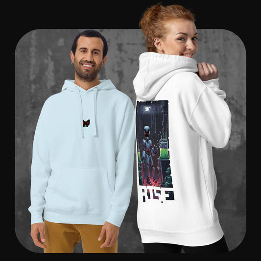 Two models wearing light blue and white hoodies from the “Rise” series, showcasing the small pixel cat face on the front and the sci-fi robot lab scene on the back in vivid pixel art.